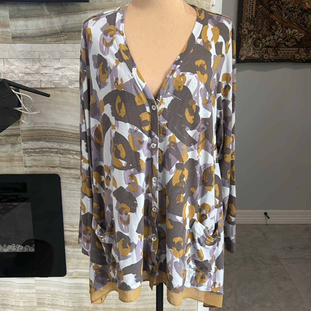 LOGO‎ by Lori Goldstein Button Front Knit Cardigan.Chiffon Mustard Trim L (908) - Picture 4 of 16